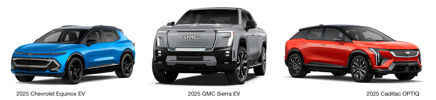 A Chevrolet Equinox EV, a GMC Sierra EV, and a Cadillac OPTIQ