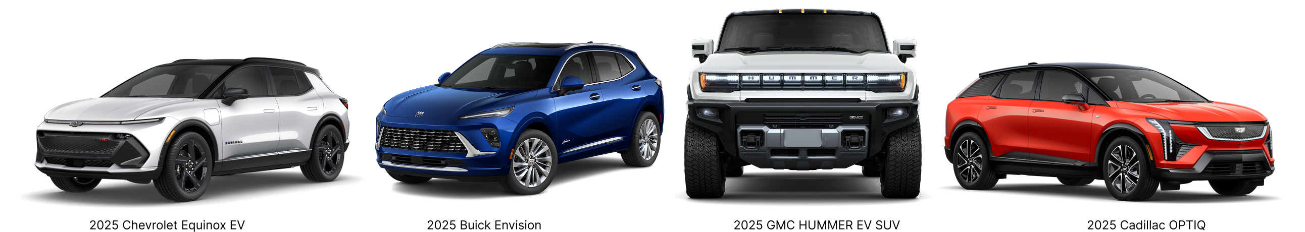 A Chevrolet Equinox EV, a GMC Sierra EV, and a Cadillac OPTIQ