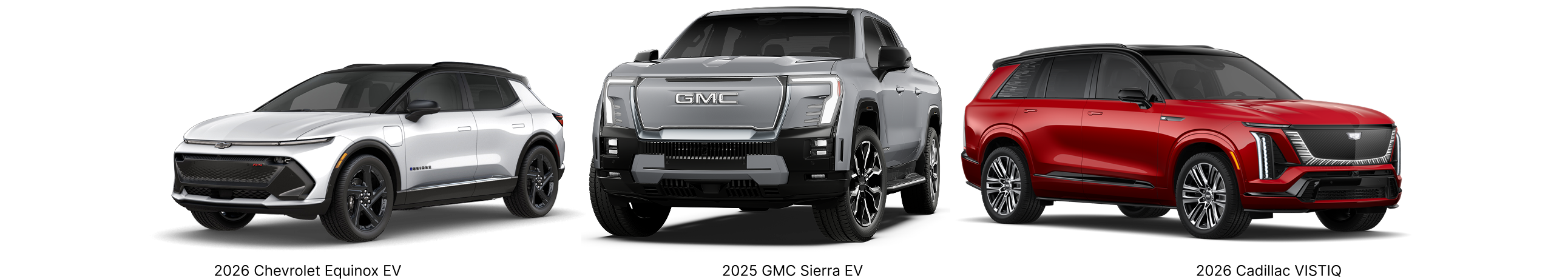 White Chevrolet Equinox EV next to a grey GMC Sierra EV next to a red Cadillac VISTIQ