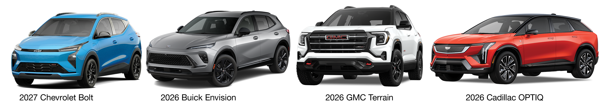 White Chevrolet Equinox EV next to a grey GMC Sierra EV next to a red Cadillac VISTIQ